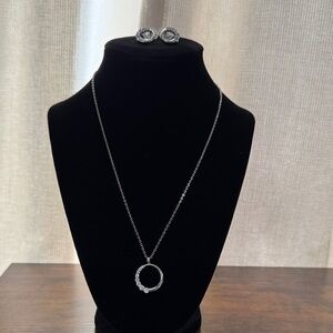 Jewelry Set Necklace and Earrings Silver Tone and Cubic Zirconia half circle